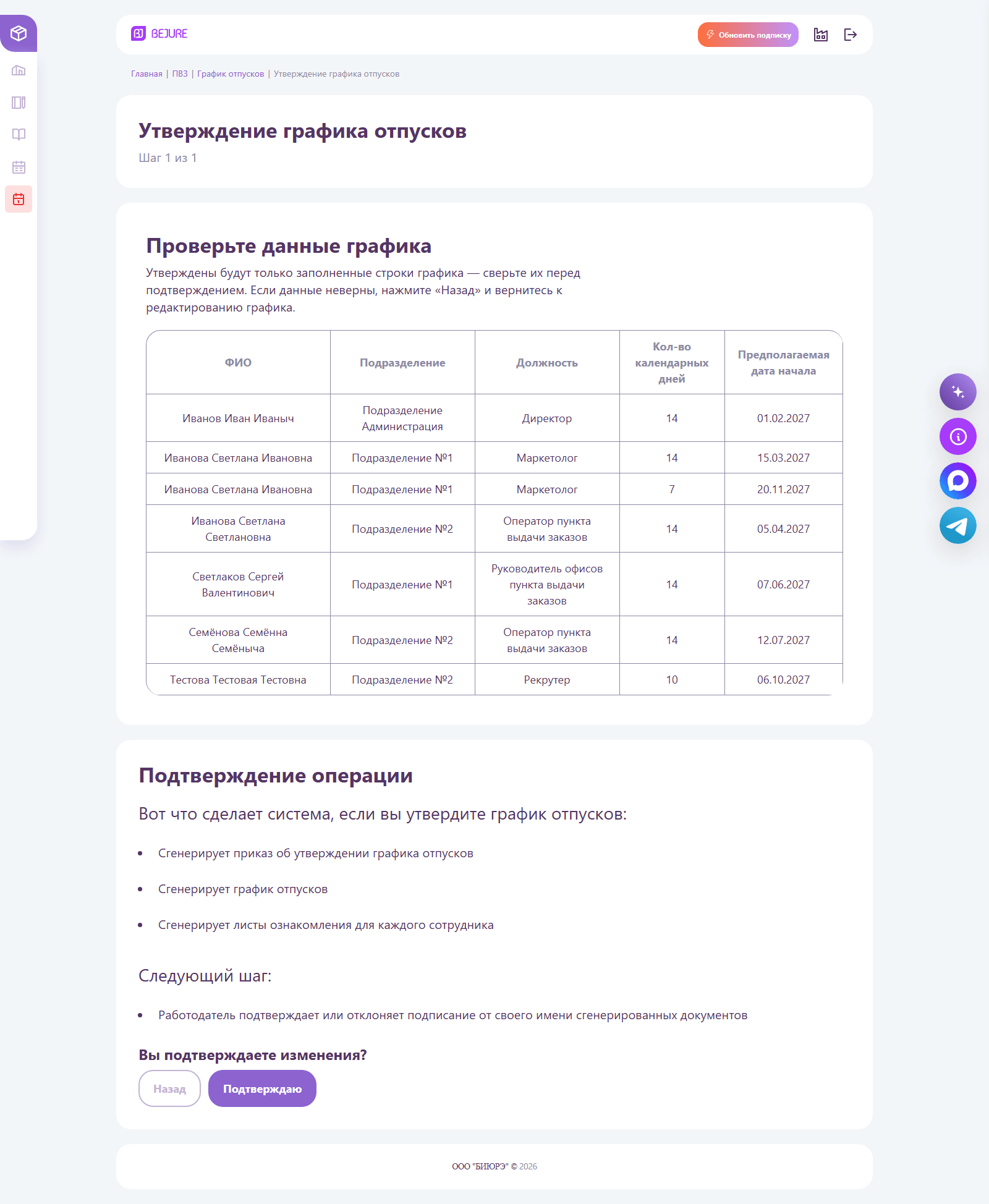 Страница «Утверждение графика отпусков» со сводной таблицей