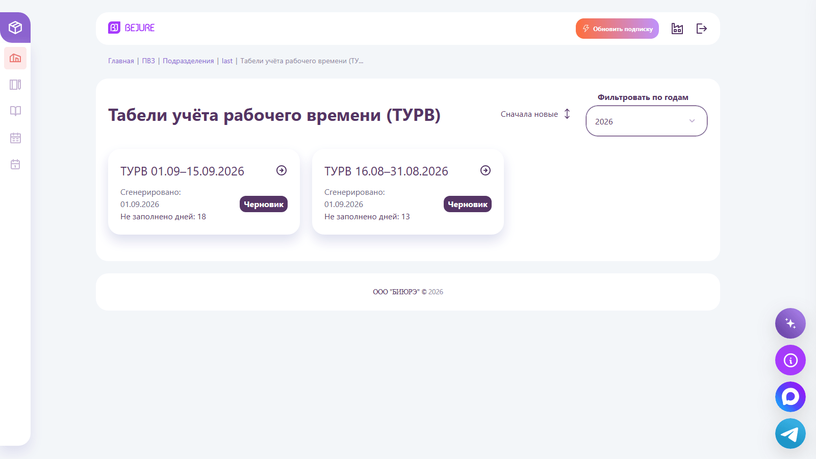 Список табелей по полумесяцам со счётчиком незаполненных дней