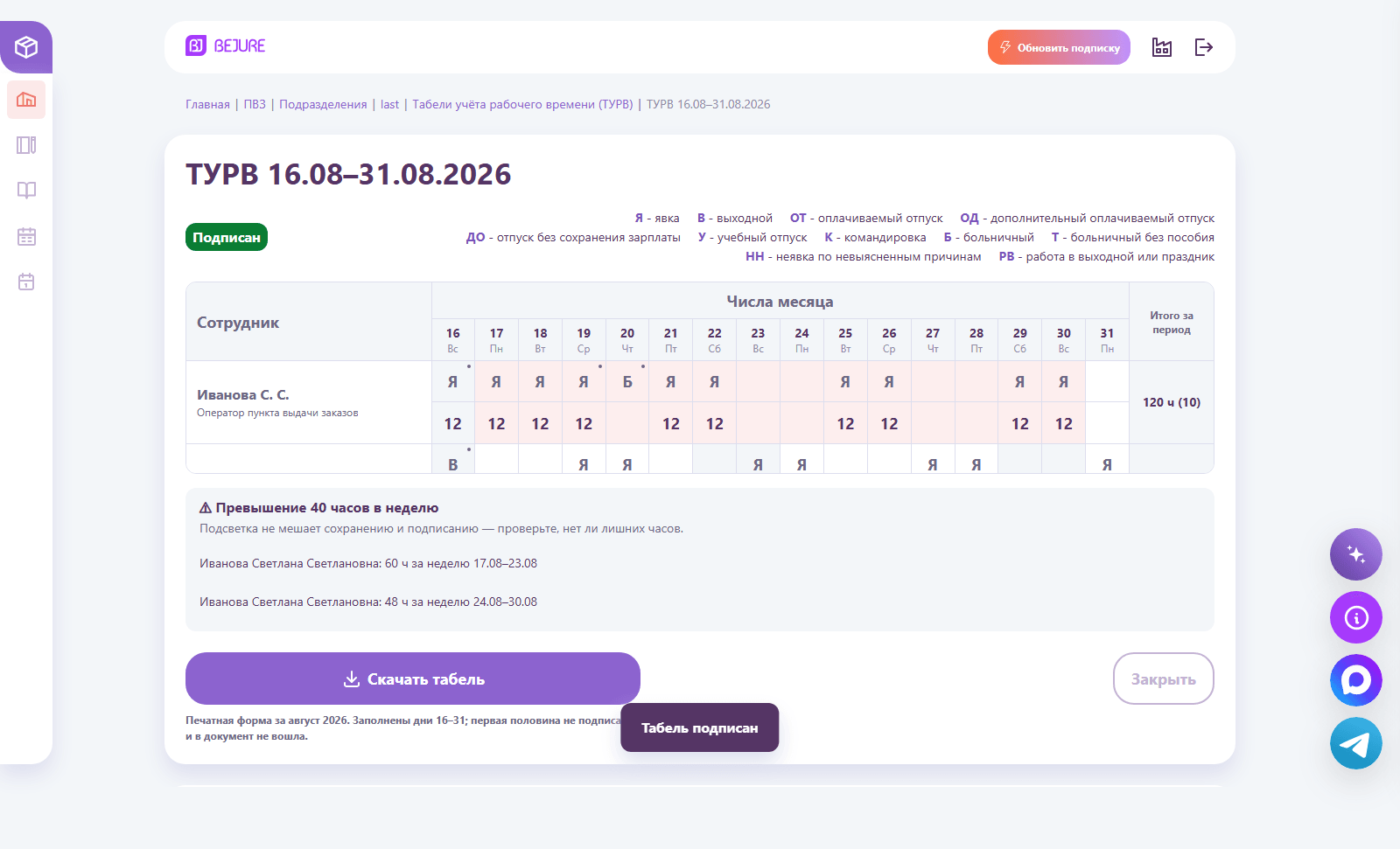 Табель «Подписан»: доступно скачивание печатной формы Т-13