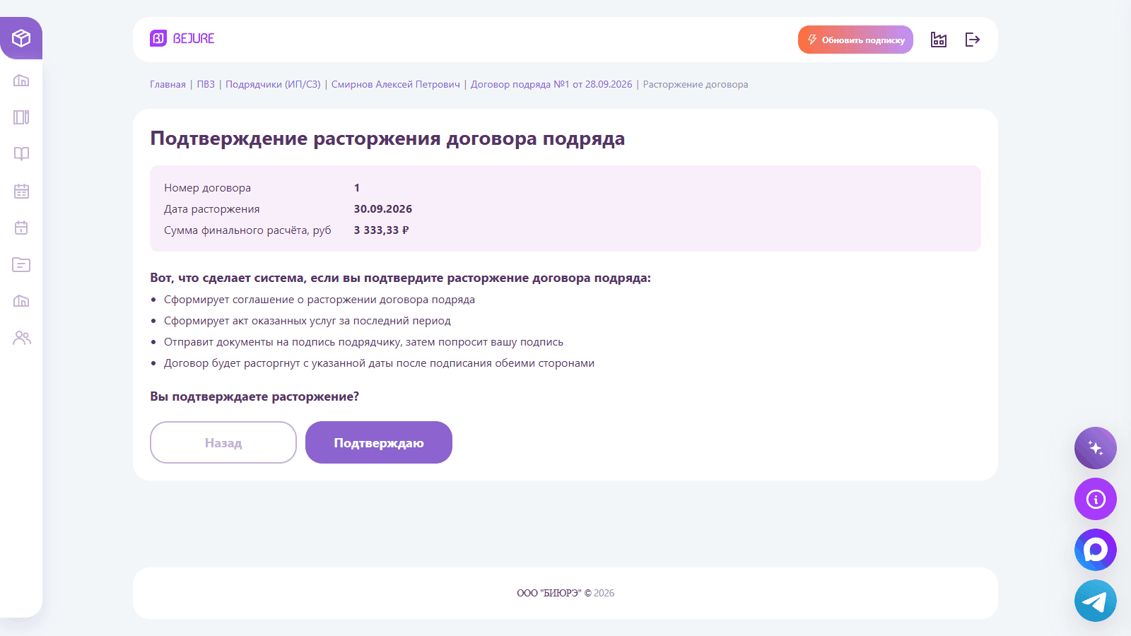 Подтверждение расторжения