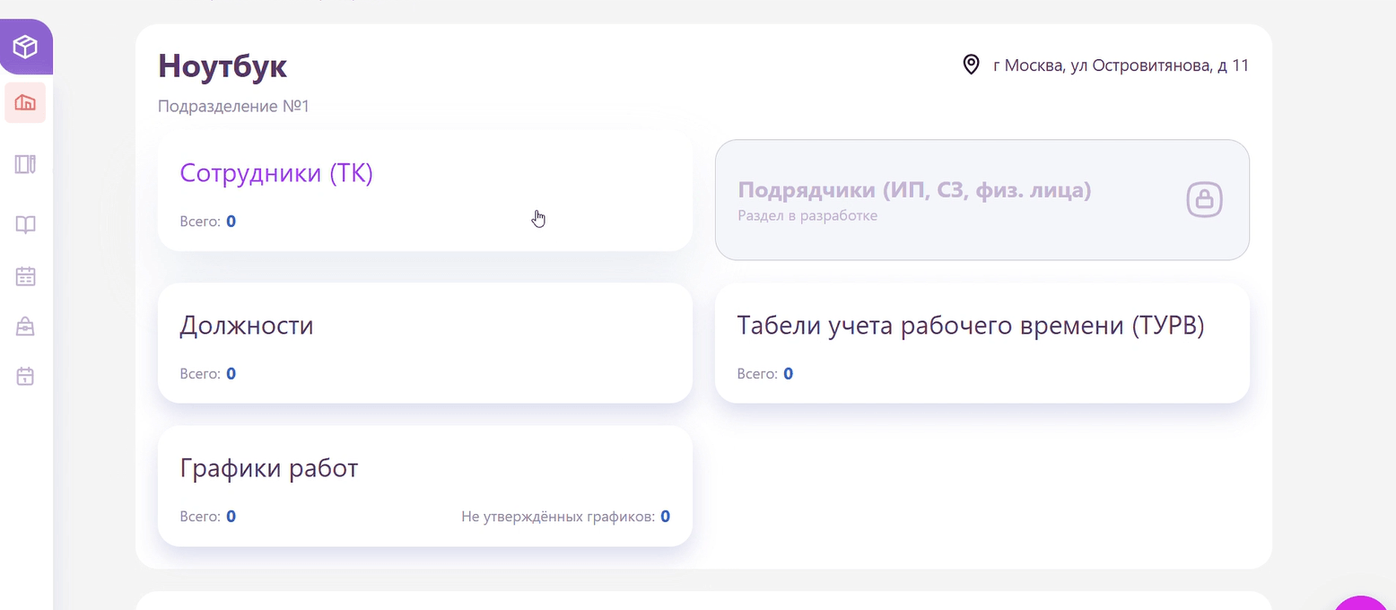 Карточка подразделения: раздел «Сотрудники (ТК)»