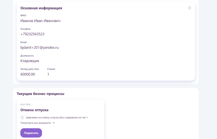 Процесс отмены в карточке сотрудника