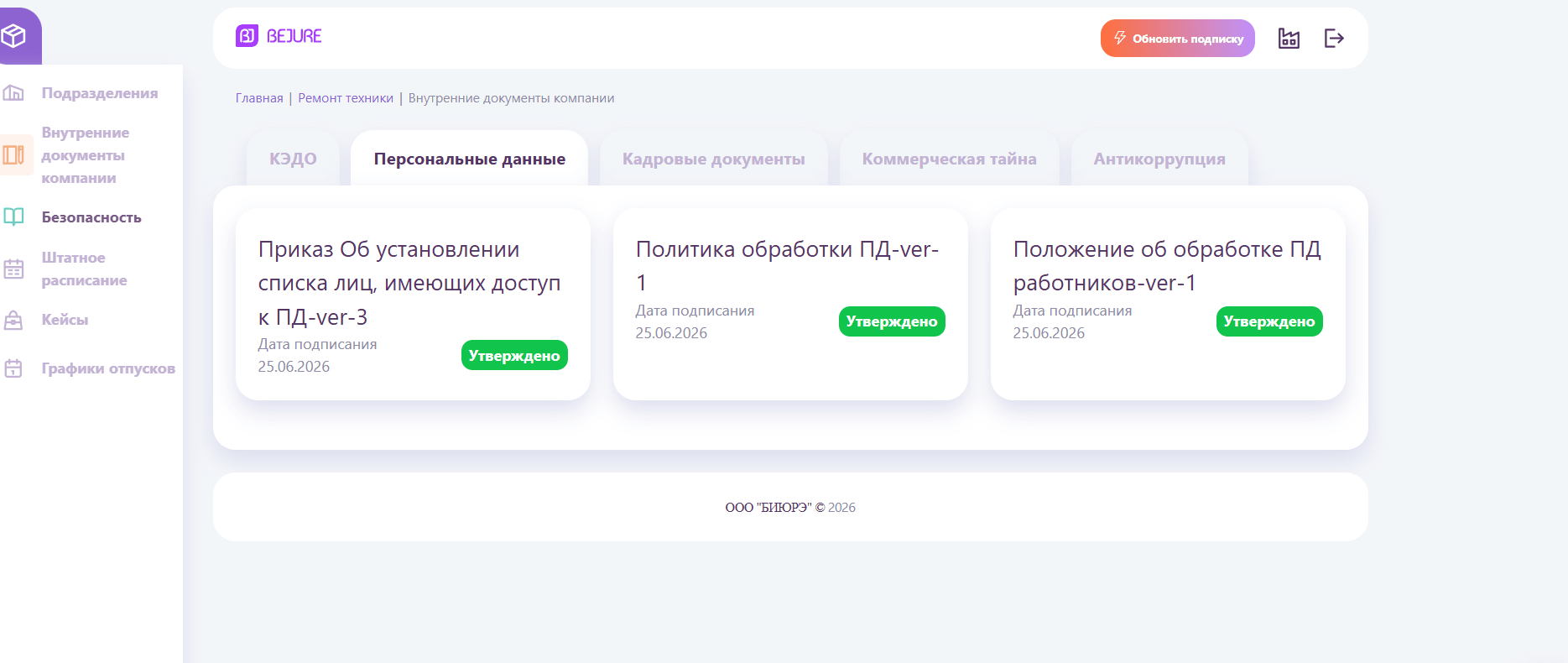 Раздел «Персональные данные»: приказ, политика и положение