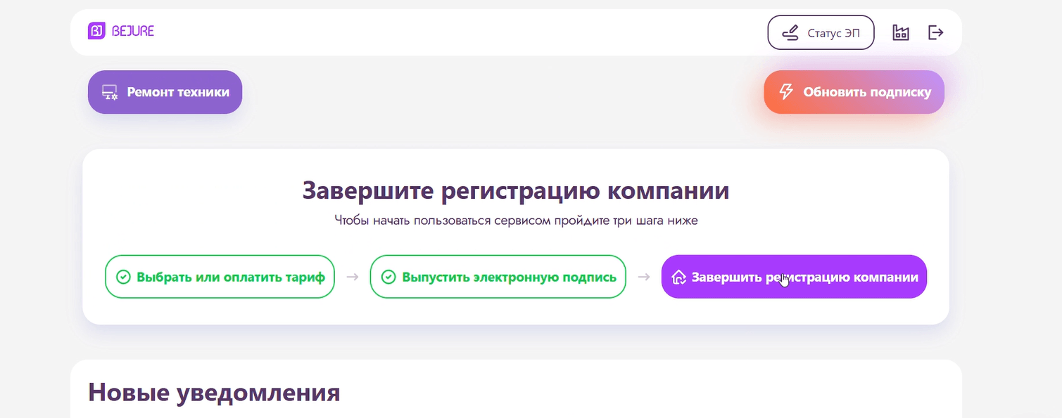 Главный экран личного кабинета с шагами завершения регистрации компании