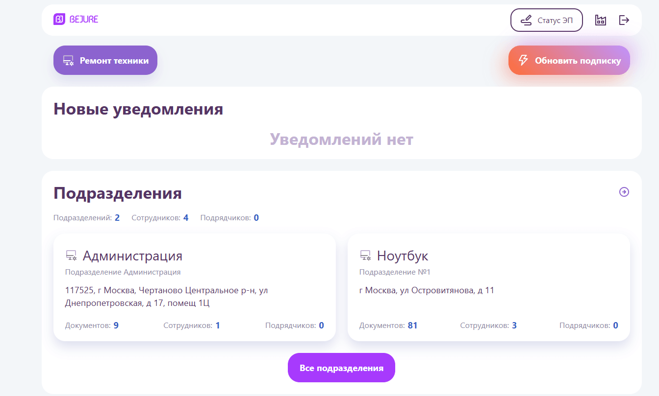 Блок «Подразделения» на главном экране ЛК